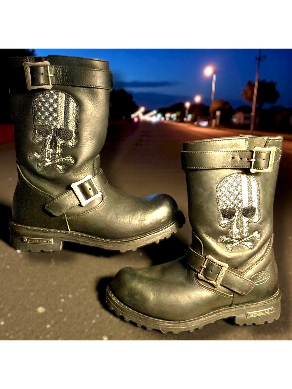 Men's 9.5 HOT LEATHERS Tall Harness Flag Skull Black Leather Buckle Biker Boots